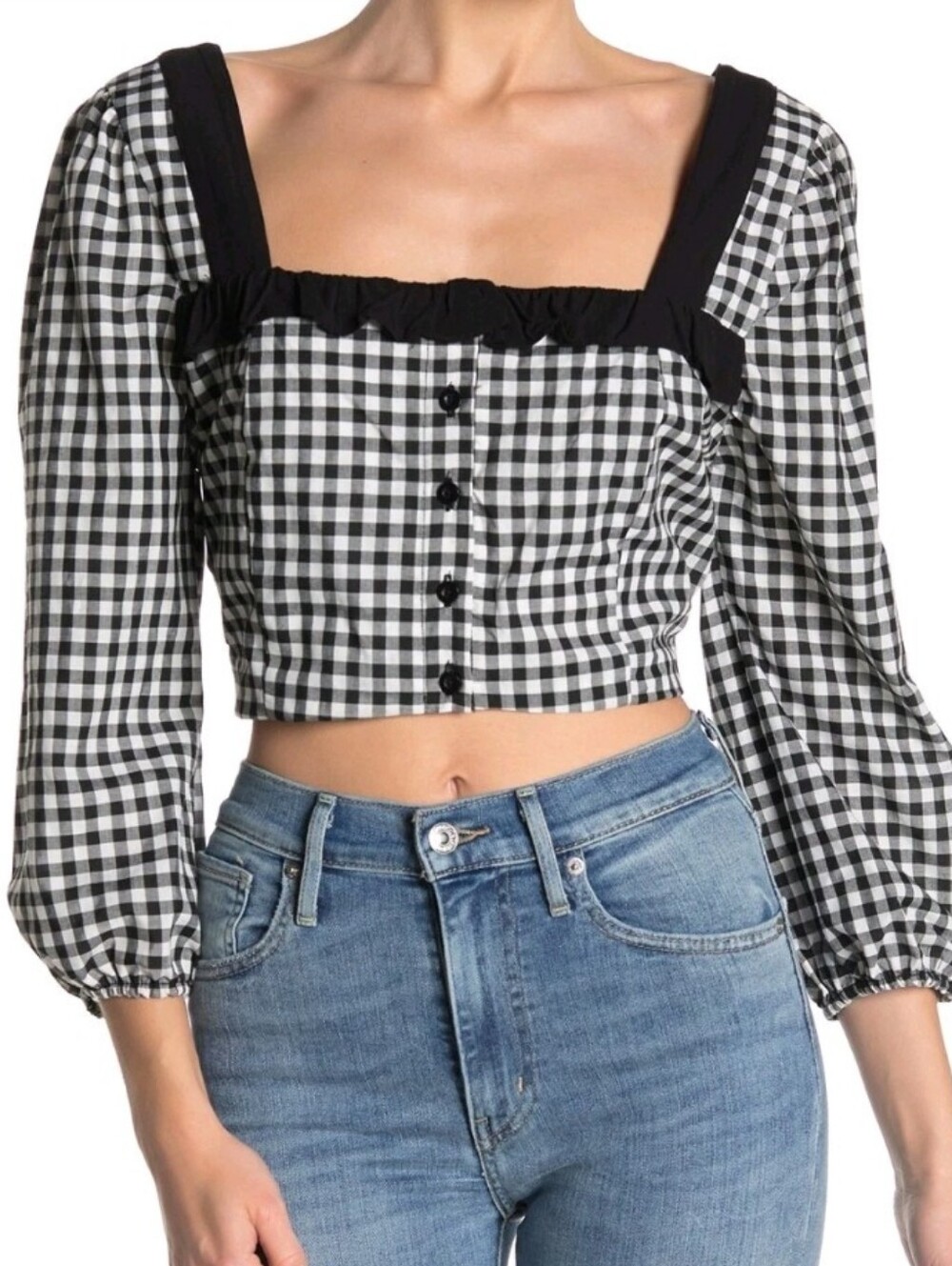 BCBGeneration Crop Ruffled Gingham Blouse